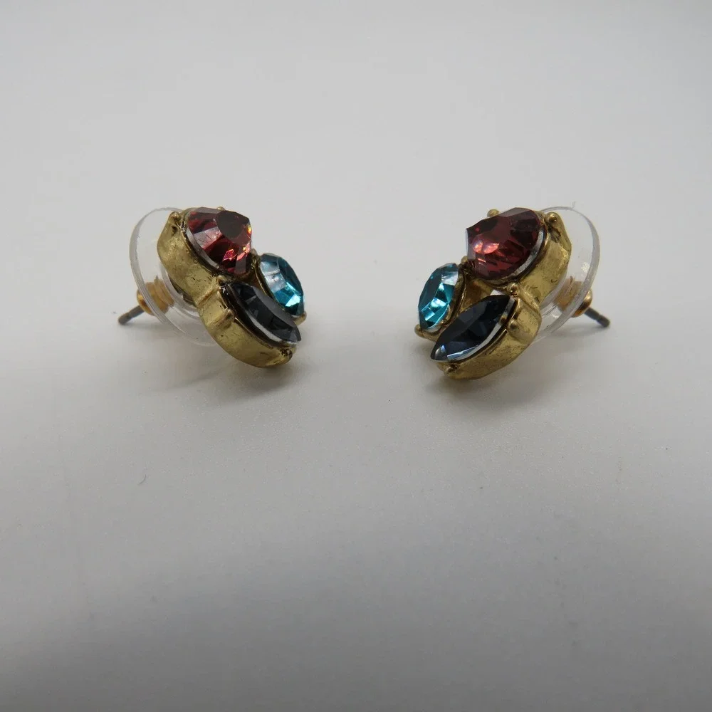 J.Crew Cluster Stud Earrings Gold Tone Burgundy Navy Teal Crystal Post Back